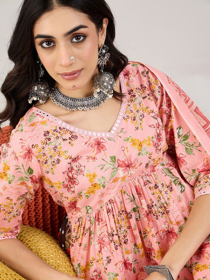 Indyancart IE Pink Floral Printed Mirror Work Pure Cotton Empire Kurta with Trouser & Dupatta