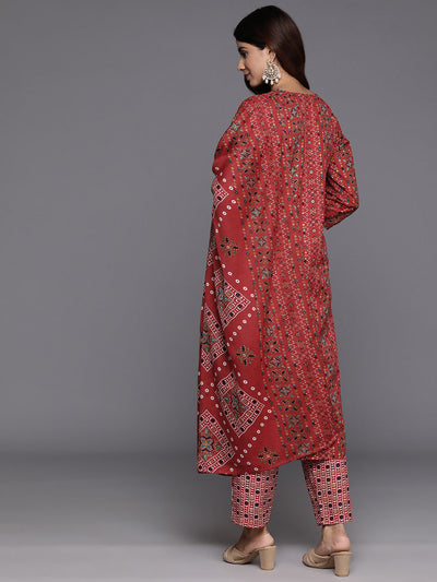 Indyancart VR Women's Red Printed V-Neck Embroidered Kurta With Bottom And Dupatta
