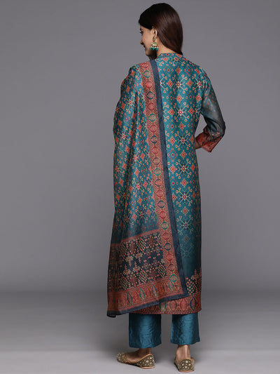 Indyancart VR Women's Patola Printed, Teal & Beige Mandrin Collar ,Straight Kurta With Solid Bottom And Printed Dupatta
