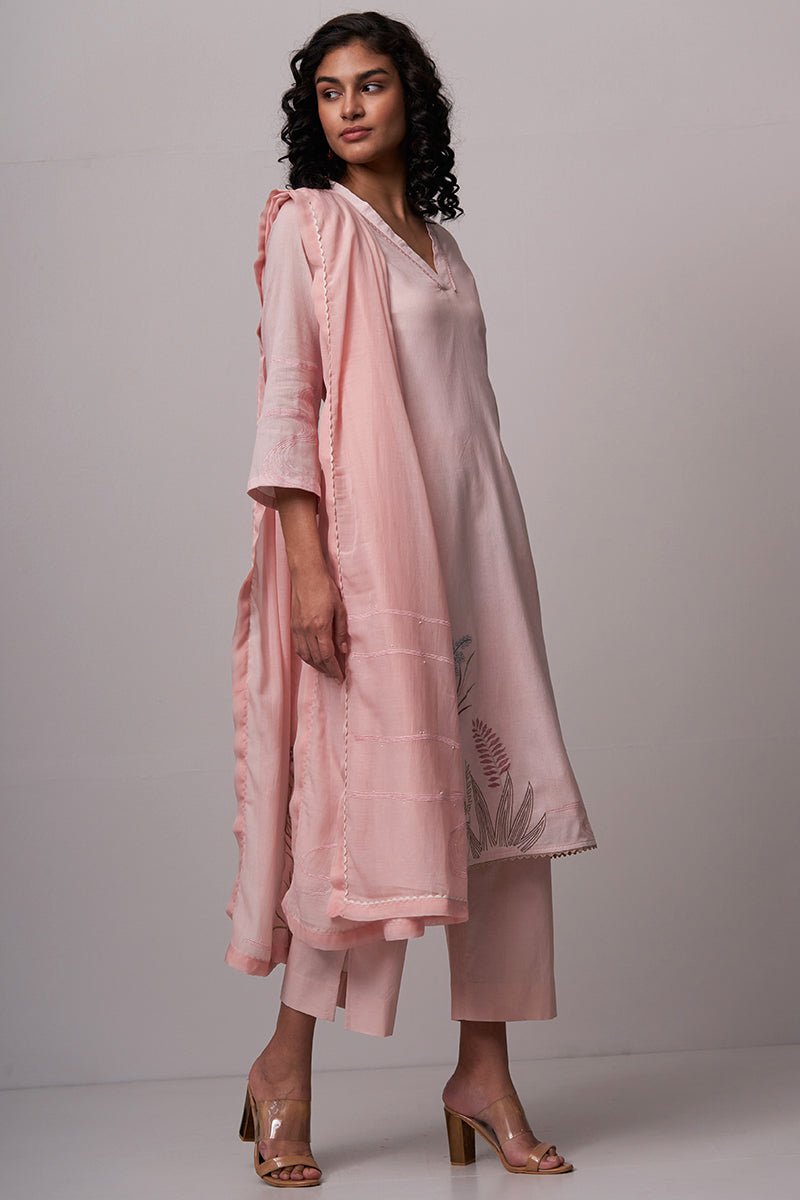 Women's Pink Embroidered Cotton Kurta With Viscose Chanderi Embroidered Dupatta
