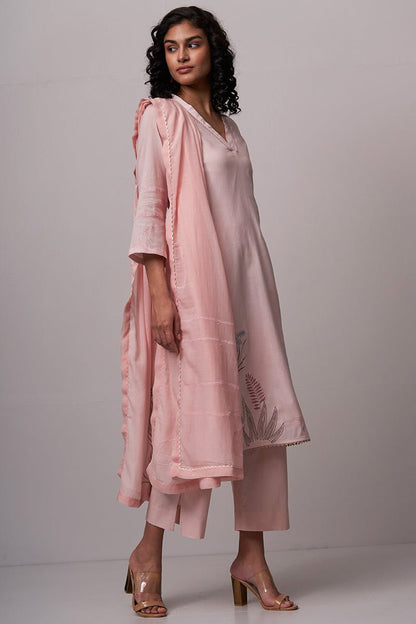 Women's Pink Embroidered Cotton Kurta With Viscose Chanderi Embroidered Dupatta