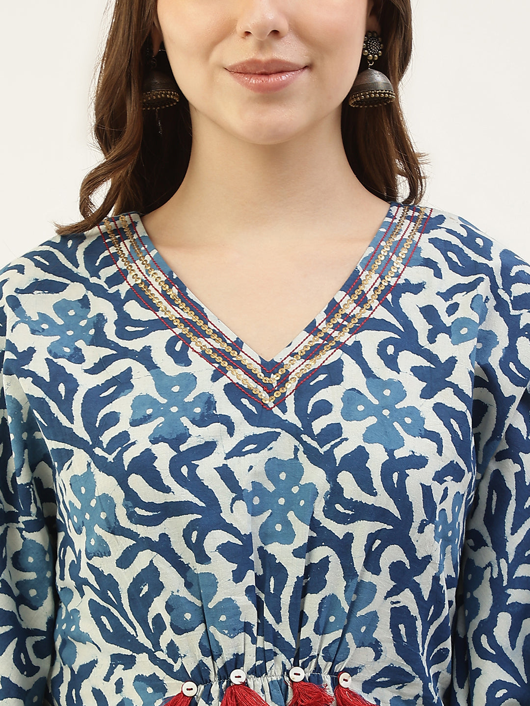 Women's Floral Printed Blue Cotton Kaftan