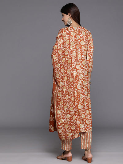 Indyancart VR Women's Rust Floral Printed Kurta Paired With Bottom & Dupatta