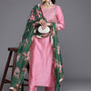 Dhiyona VR Women's Solid Kurta With Yoke Zari Sequins Embroidery Paired With Solid Pant And A Beautiful Organza Floral Dupatta With Zari Tassel