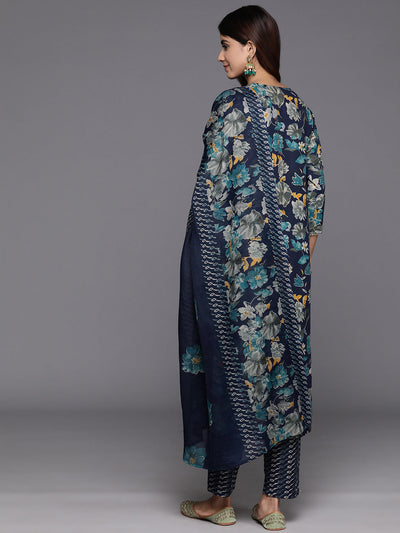 Indyancart VR Women's Blue Floral Print And Embroidered Kurta With Bottom And Dupatta