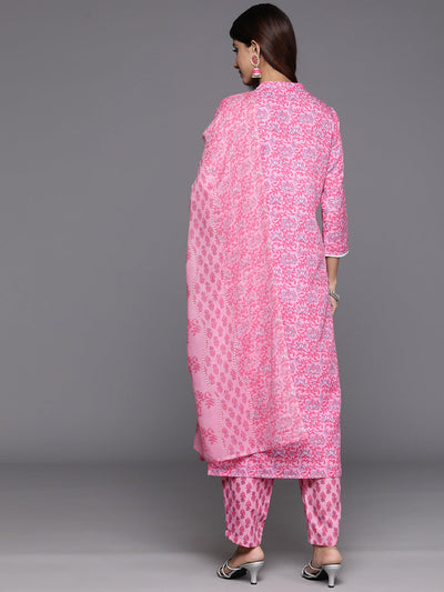 Indyancart VR Women's Pink Floral Printed Kurta Paired With Bottom & Dupatta