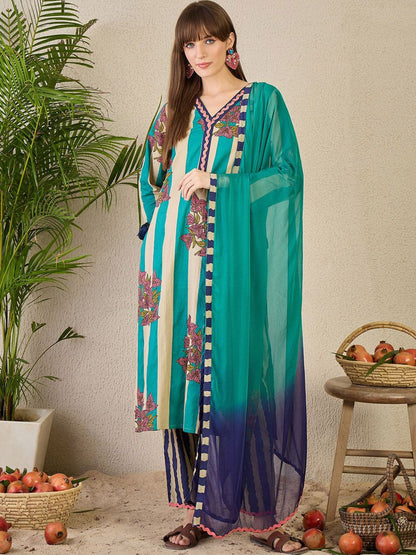 Women Floral Printed Pure Cotton V-Neck Kurta with Trousers & With Dupatta