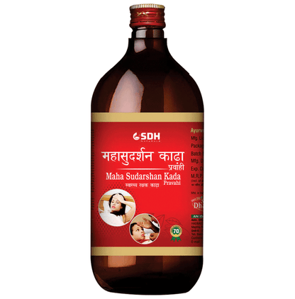 SDH Naturals Maha Sudarshan Kada Pravahi Ayurvedic syrup bottle with label, used for traditional herbal health remedies.