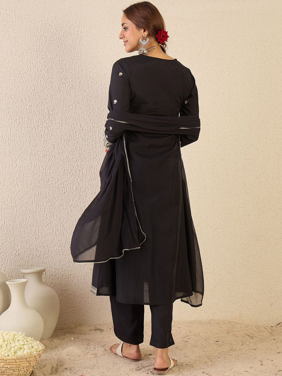 Indyancart IE Ethnic Motifs Embroidered Angrakha Kurta With Trousers & Dupatta