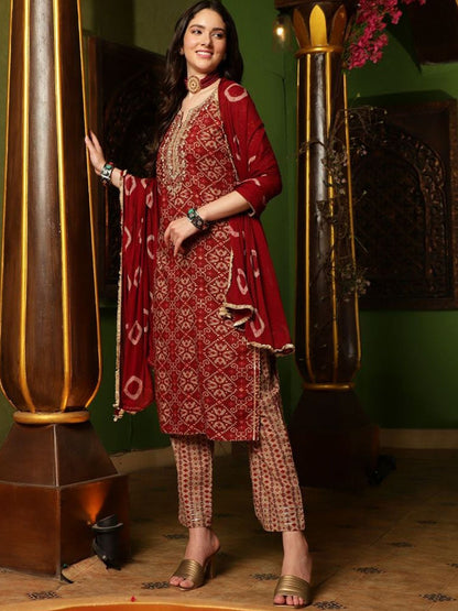 Indyancart SN Women's Printed Gotta Patti Pure Cotton Straight Kurta With Trouser & Dupatta