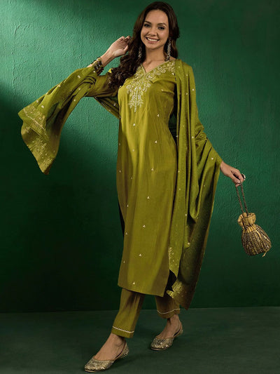 Indyancart SN Women's Embroidered V-Neck Kurta With Trousers & Dupatta