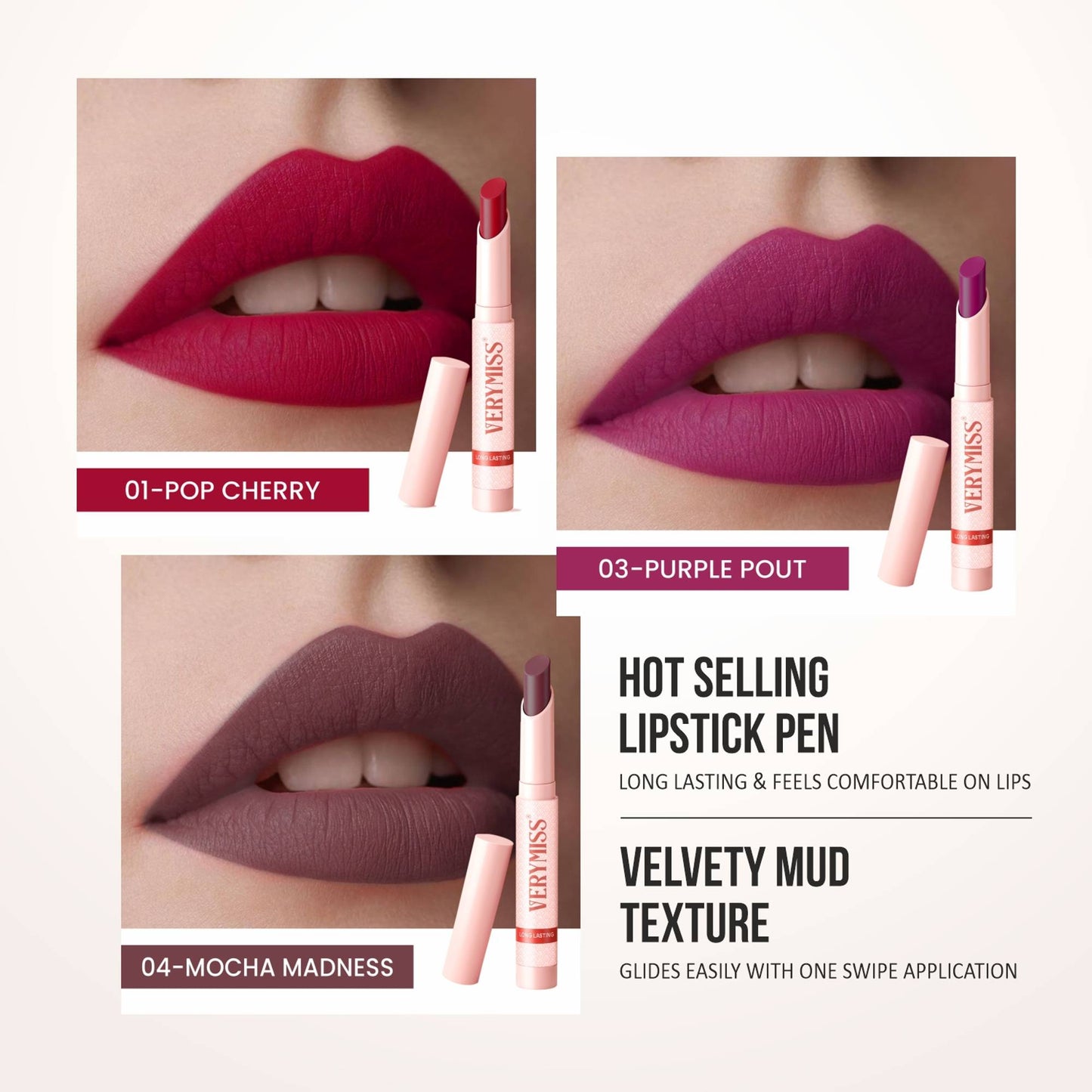 VERYMISS Non Transfer Matte Lipstick Combo Set - Red-Brown-Purple