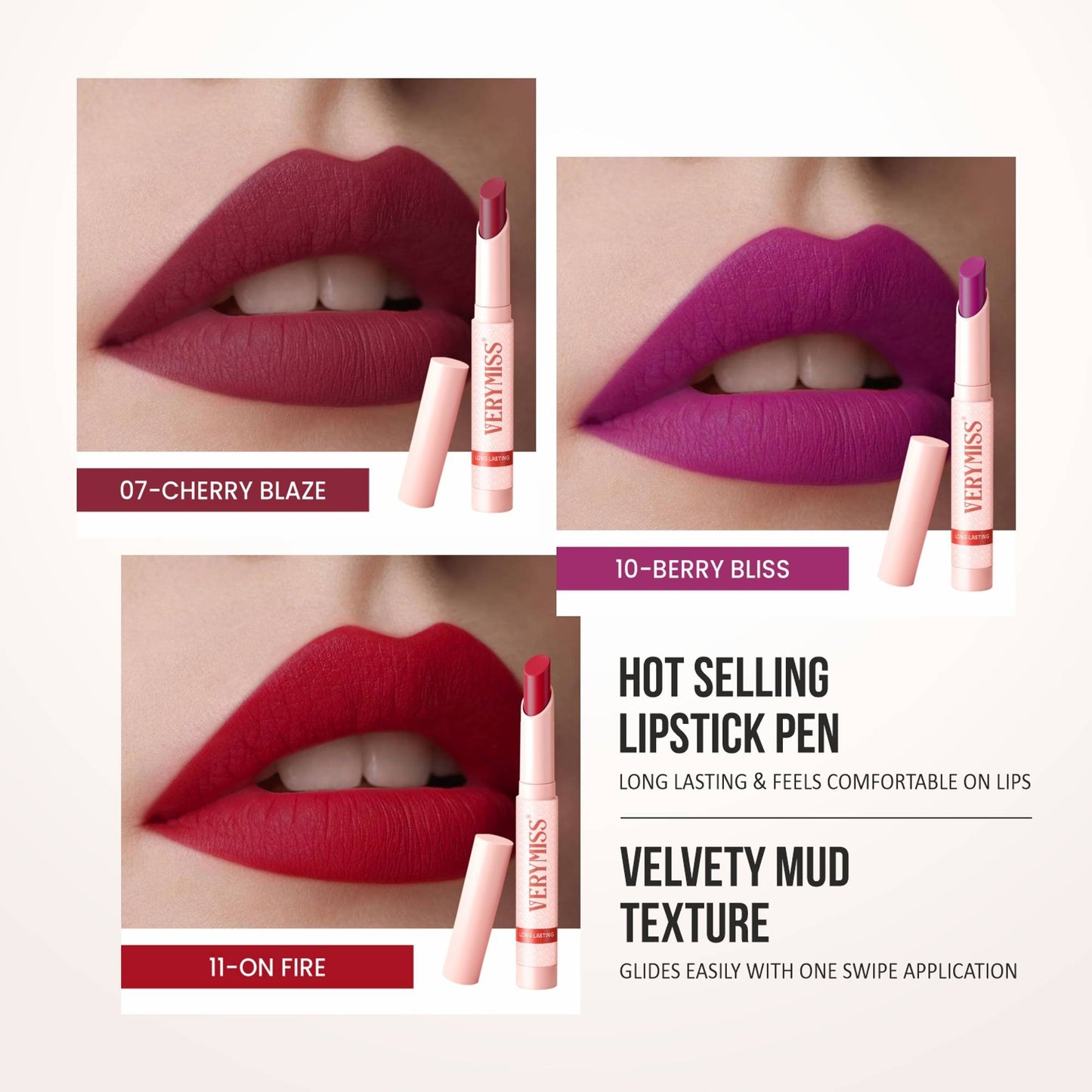 VERYMISS Non Transfer Matte Lipstick Combo Set - Red-Purple-Maroon