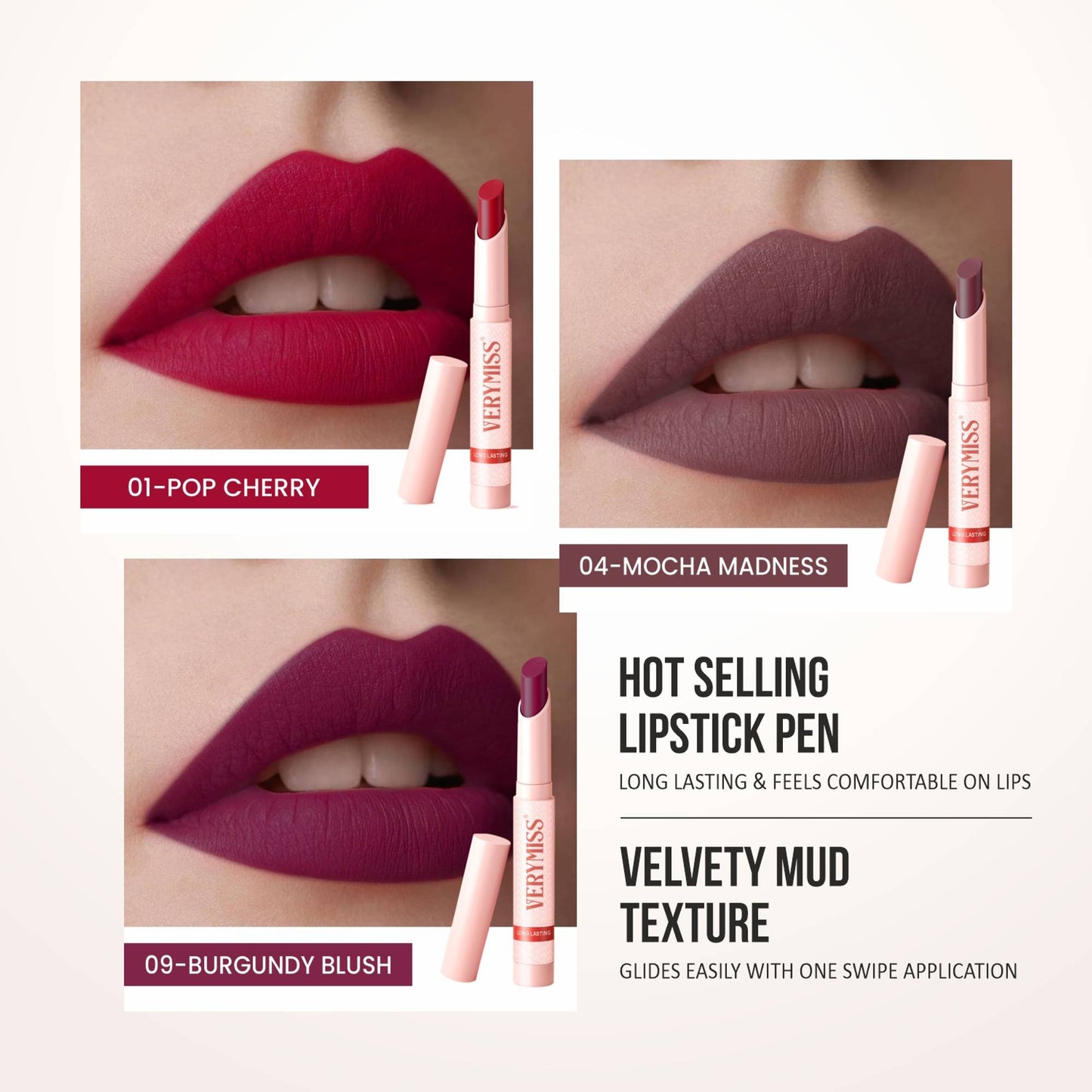 VERYMISS Non Transfer Matte Lipstick Combo Set - Red-Violet-Brown