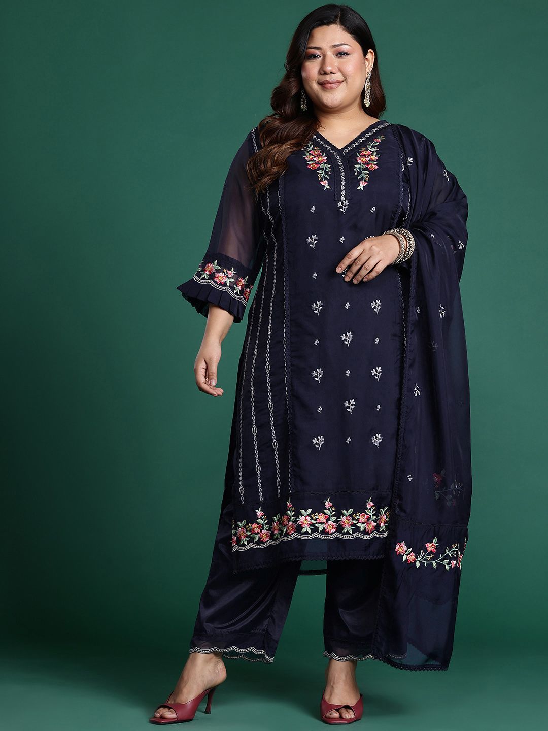 Indyancart Women's Plus Size Floral Embroidered Panelled Thread Work Kurta With Trousers & Dupatta