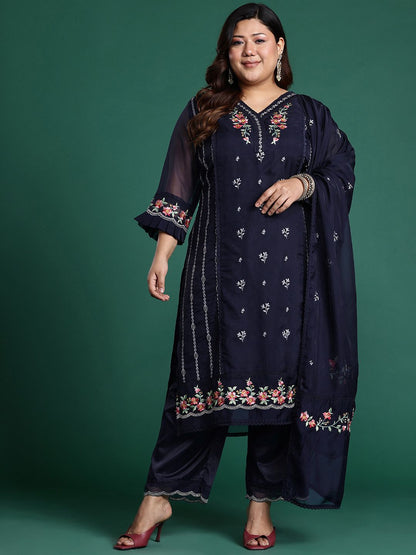 Indyancart Women's Plus Size Floral Embroidered Panelled Thread Work Kurta With Trousers & Dupatta