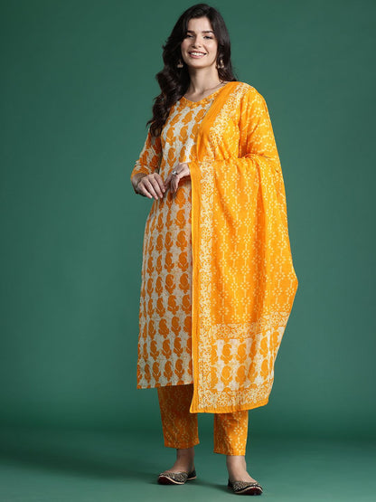 Indyancart IE Paisley Printed Pure Cotton Kurta with Trousers & With Dupatta