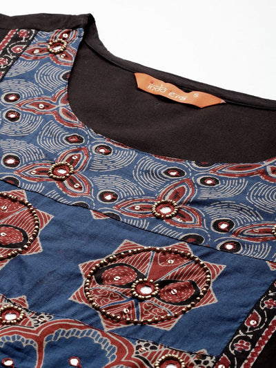 Indyancart IE Ethnic Motifs Printed Mirror Work Pure Cotton Kurta with Trousers & With Dupatta