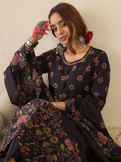Floral Printed Round Neck Anarkali Pure Cotton Kurta With Trousers & With Dupatta