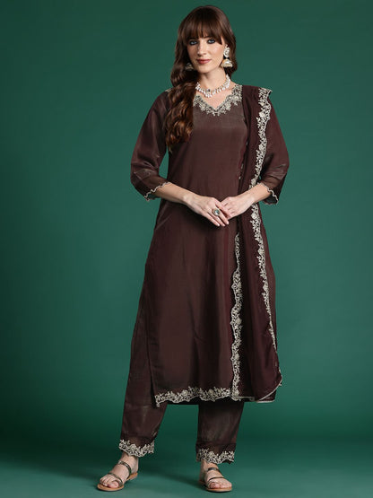 Indyancart IE Floral Embroidered Liva Kurta with Trousers & With Dupatta
