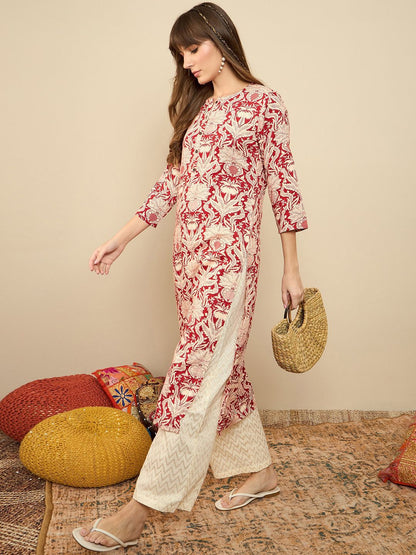Indyancart IE Floral Printed Round Neck Straight Kurta