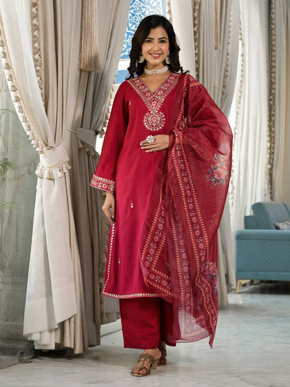 Indyancart VA Ethnic Motifs Zari Embroidered Mirror Work Straight Kurta With Trousers & Dupatta