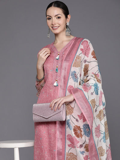 Indyancart IE Women Floral Embroidered Regular Thread Work Linen Kurta with Trousers & Dupatta