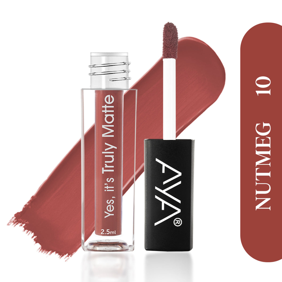 AYA Yes It's Truly Matte Liquid Lipstick in Nut Meg, showcasing a rich, matte lipstick tube with the product label and color swatch.