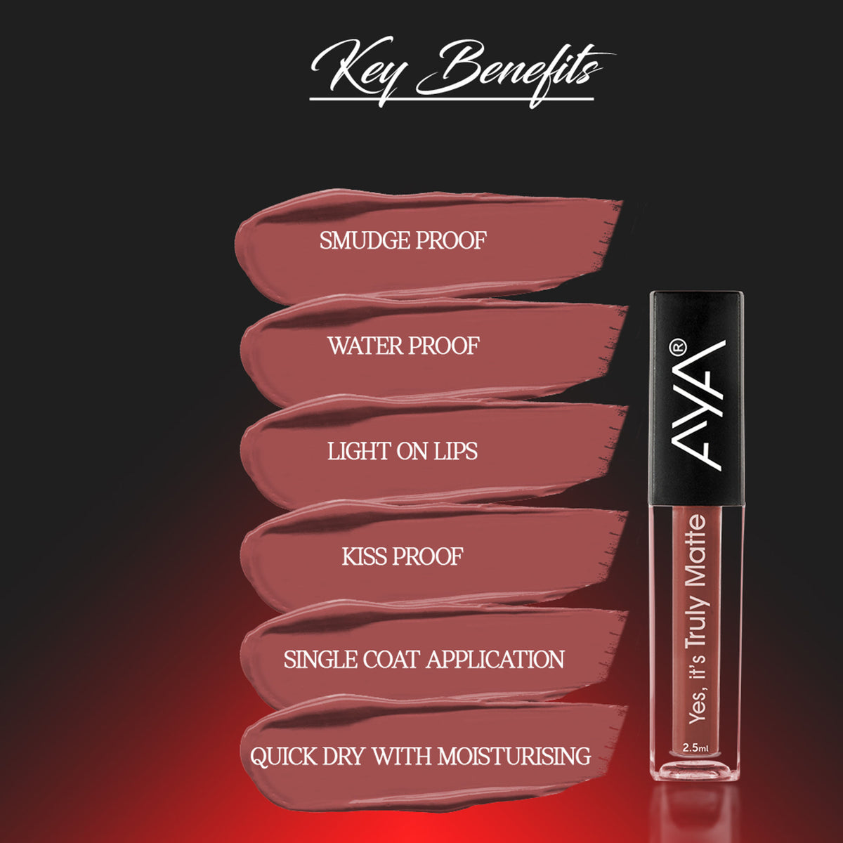 AYA Yes It's Truly Matte Liquid Lipstick in Nut Meg, showing the deep, warm brown liquid lipstick with matte finish on the applicator.