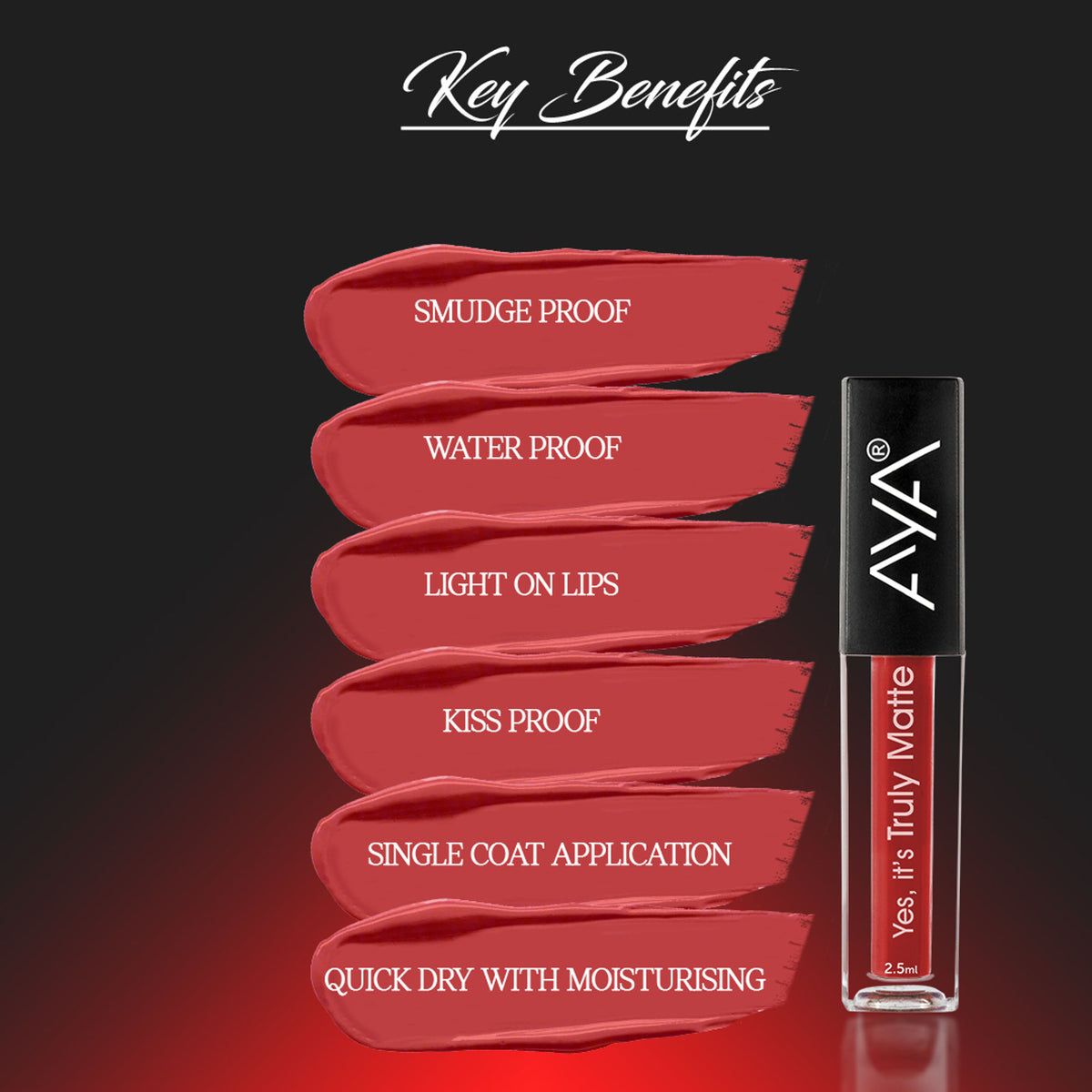 AYA Yes It's Truly Matte Liquid Lipstick in Fly Girl shade, showcasing a vibrant matte finish and sleek packaging.
