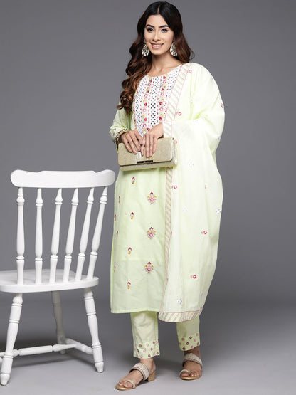 Indyancart VA Women's Floral Embroidered Regular Mirror Work Pure Cotton Kurta with Trousers & With Dupatta