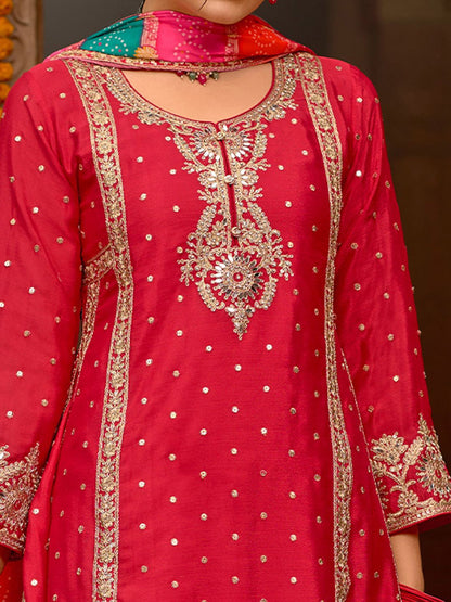 Indyancart IE Floral Embroidered Panelled Mirror Work A-Line Kurta With Palazzos & Dupatta