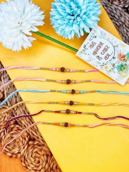 Anouk Set Of 6 Rudraksh & Artificial Beads Thread Rakhi With Roli Chawal Chandan Mishri