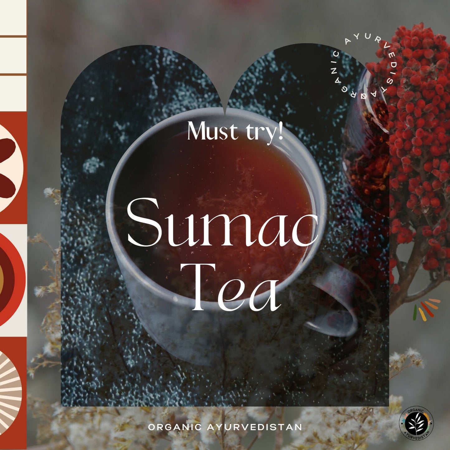 Organic Ayurvedistan Sumac Powder in a glass jar, showcasing reddish-brown spice for culinary and Ayurvedic use.