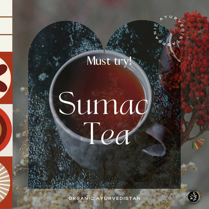 Organic Ayurvedistan Sumac Powder in a glass jar, showcasing reddish-brown spice for culinary and Ayurvedic use.