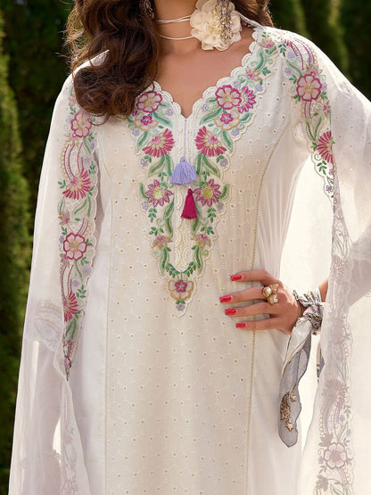 Women Floral Embroidered Regular Sequinned Pure Cotton Kurta & Trousers & Dupatta