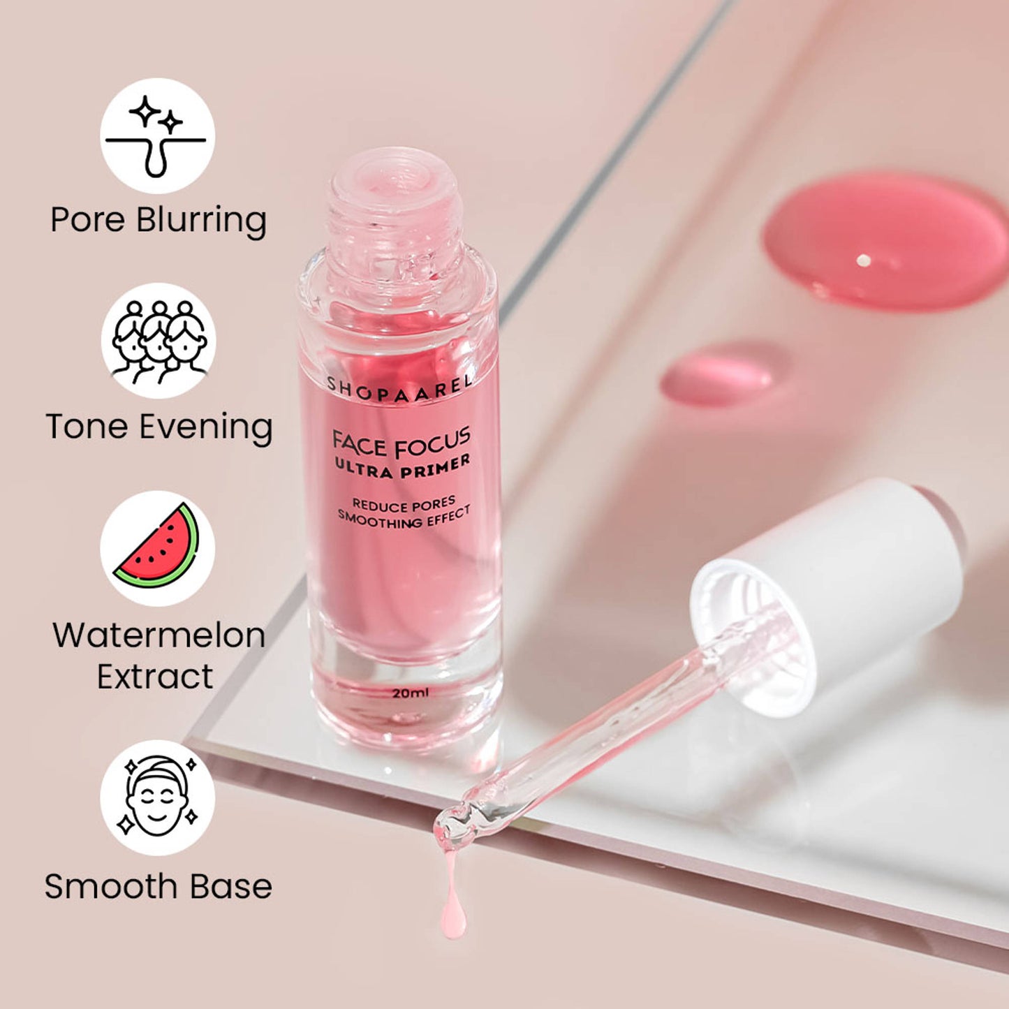 Shopaarel Face Focus Ultra Primer Reduce Pores, Watermelon Extract, Oil Control- Pink