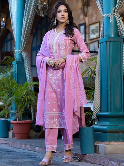 Indyancart VA Women'sFloral Printed Regular Miirror Work Pure Cotton Kurta With Trouser & Dupatta