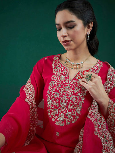 Indyancart IE Floral Embroidered Regular Liva Zari Kurta With Trousers & Dupatta