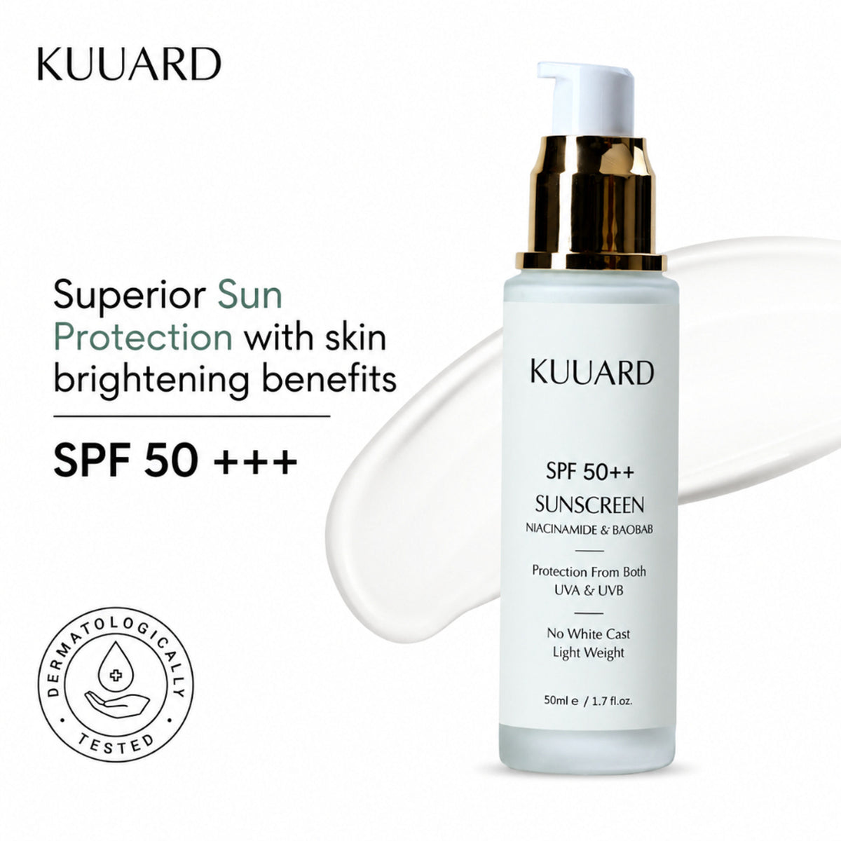 KUUARD Niacinamide Sunscreen SPF 50 PA++++ tube with non-sticky, oil control formula and Baobab extract for skin protection