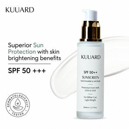 KUUARD Niacinamide Sunscreen SPF 50 PA++++ tube with non-sticky, oil control formula and Baobab extract for skin protection