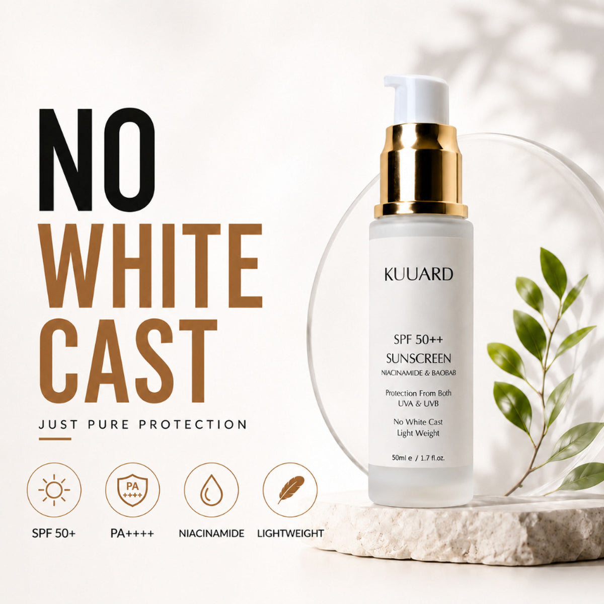 KUUARD Niacinamide Sunscreen SPF 50 PA++++ bottle with non-sticky, oil control formula and baobab extract, shown on a white background.