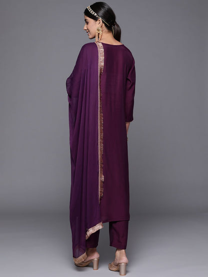 Indyancart VA Women's Aubergine & Gold Ethnic Embroidered Straight Kurta with Trousers Dupatta