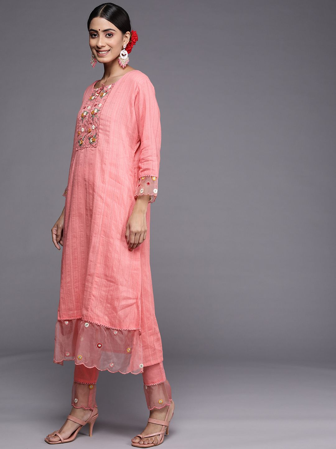 Indyancart IE Women Pink Floral Yoke Design Thread Work Kurta with Trousers & With Dupatta