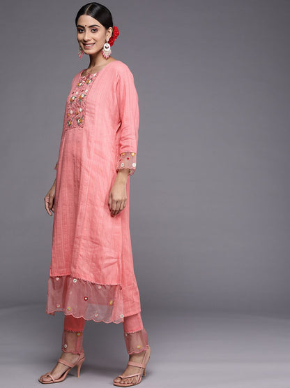 Indyancart IE Women Pink Floral Yoke Design Thread Work Kurta with Trousers & With Dupatta