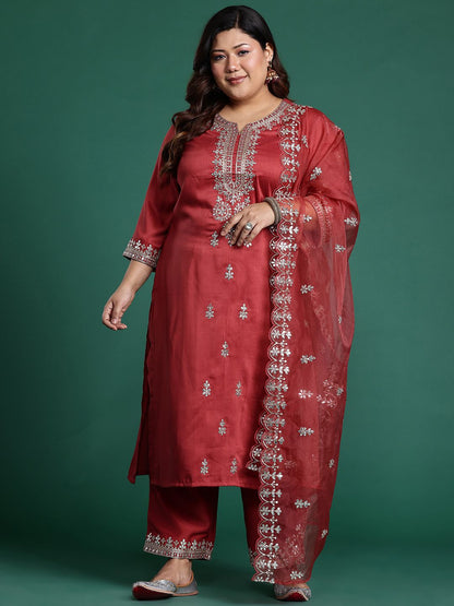 Indyancart IE Plus Size Ethnic Motifs Embroidered Gotta Patti Kurta Set