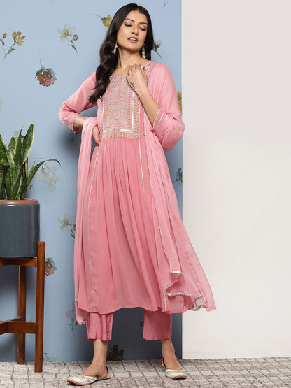 Indyancart VA Women's Ethnic Motifs Embroidered Sequinned Silk Georgette Kurta Set