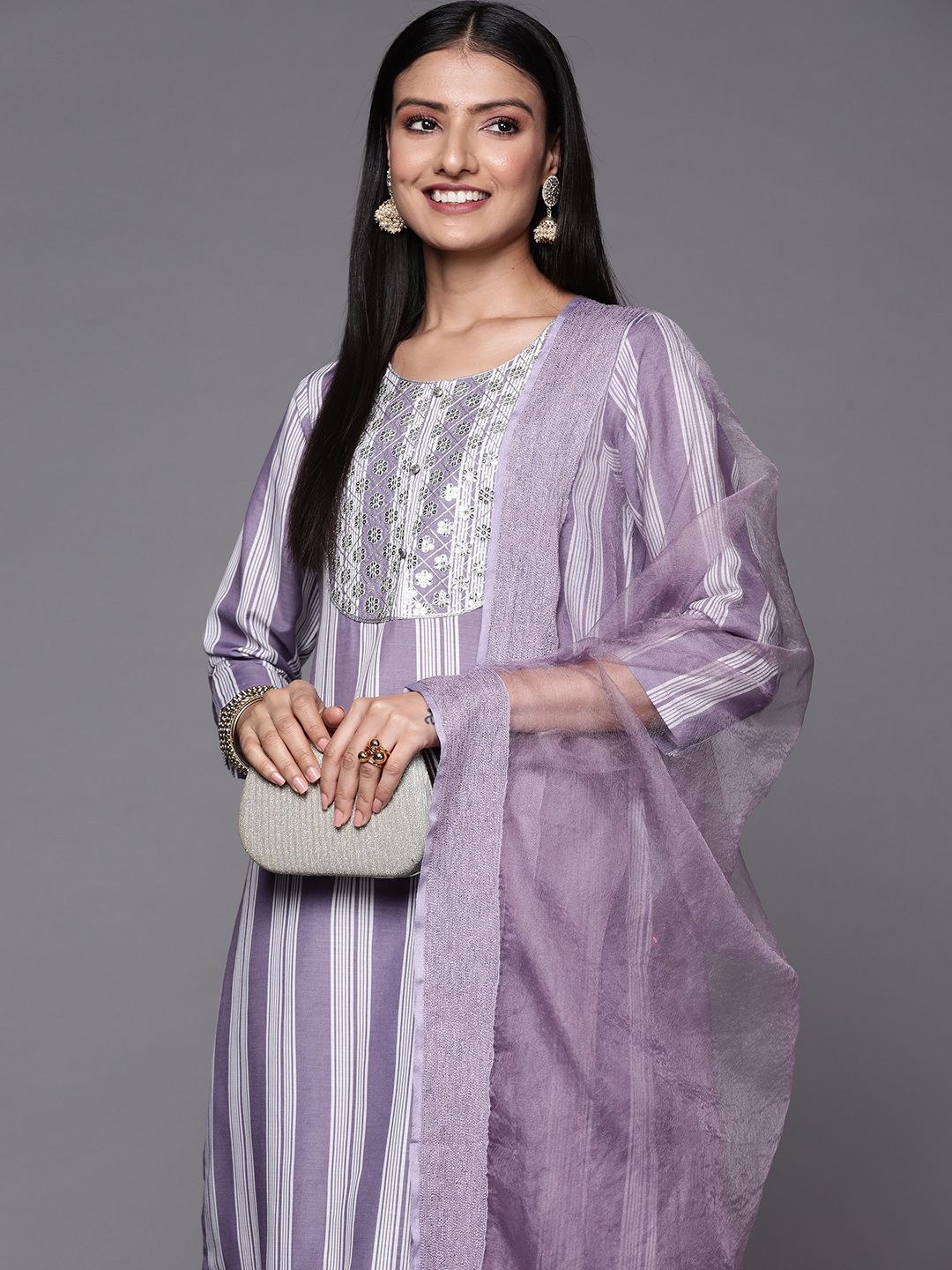 Indyancart VA Women's Lavender & White Embroidered Kurta with Trousers & Dupatta
