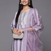 Indyancart VA Women's Lavender & White Embroidered Kurta with Trousers & Dupatta