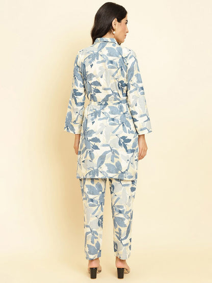 Indyancart VA Women'sFloral Printed Thread Work Shirt Collar Kurta With Trousers